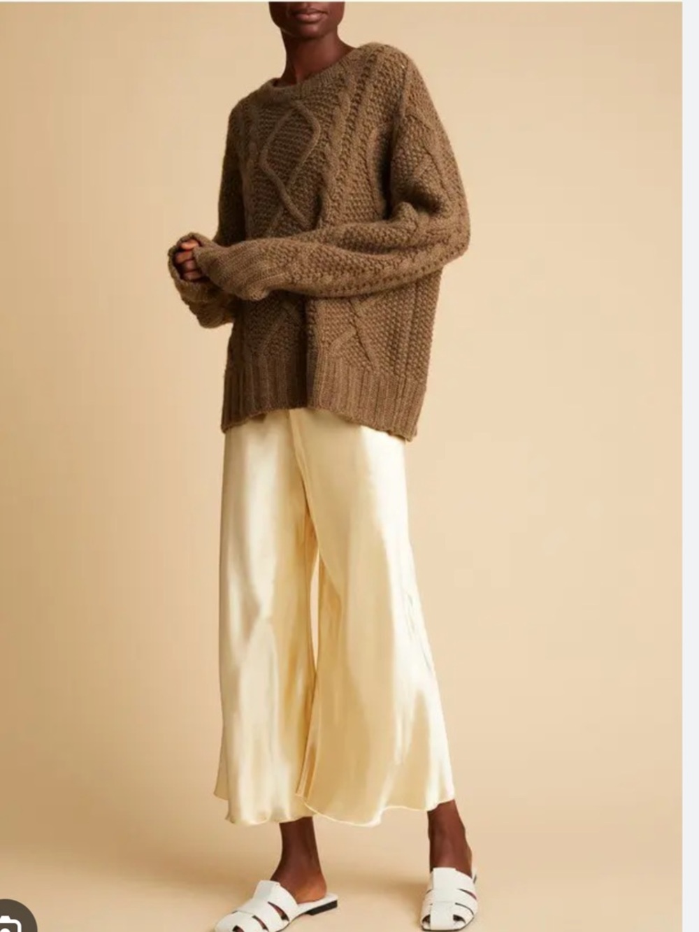 KHAITE Cream Satin Wide-Leg Cropped Pants
